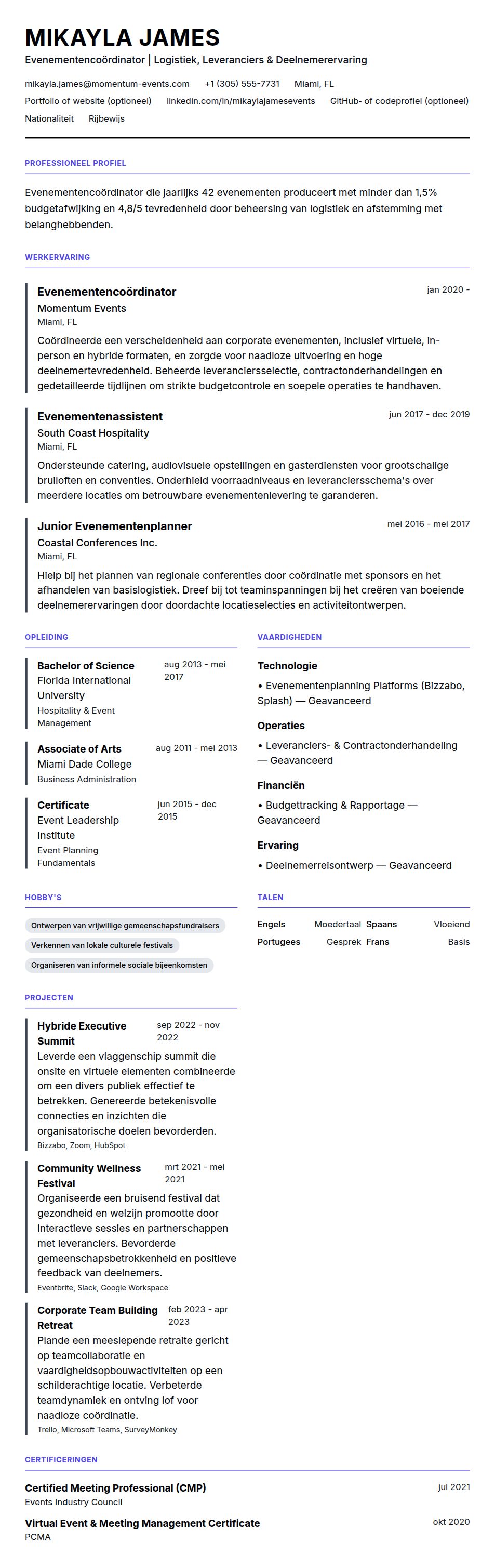 Cv-voorvertoning voor Voorbeeld CV Evenementencoördinator