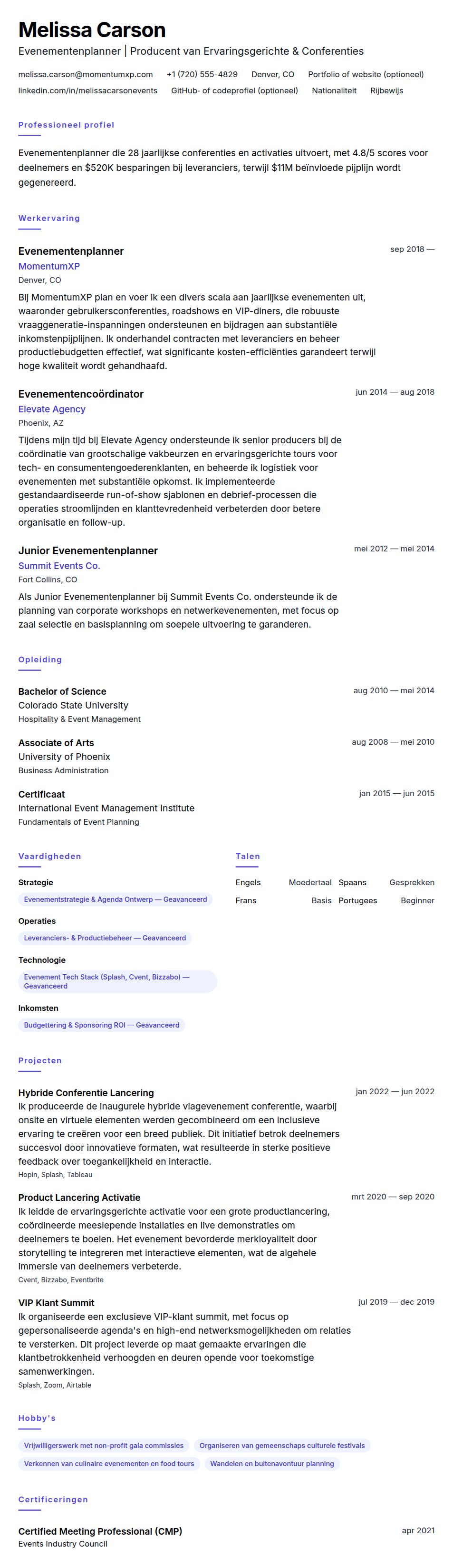 Cv-voorvertoning voor Voorbeeld CV Evenementenplanner