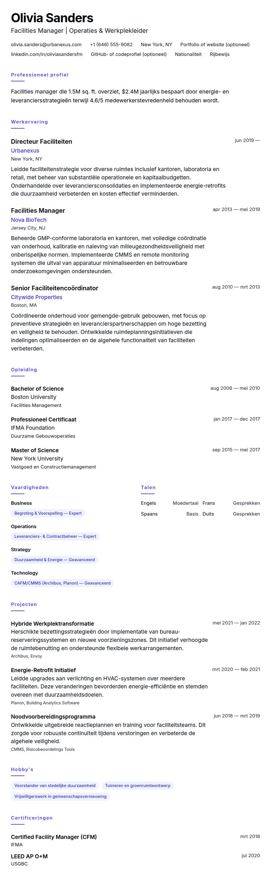 Cv-voorvertoning voor Voorbeeld CV Facilities Manager