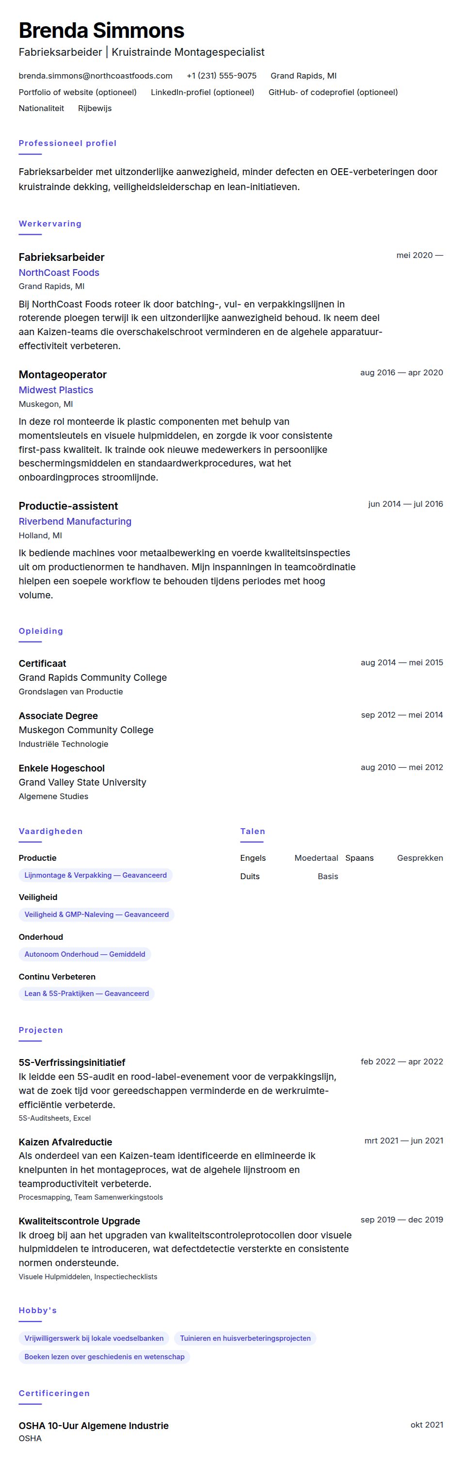 Voorbeeld CV Fabrieksarbeider
