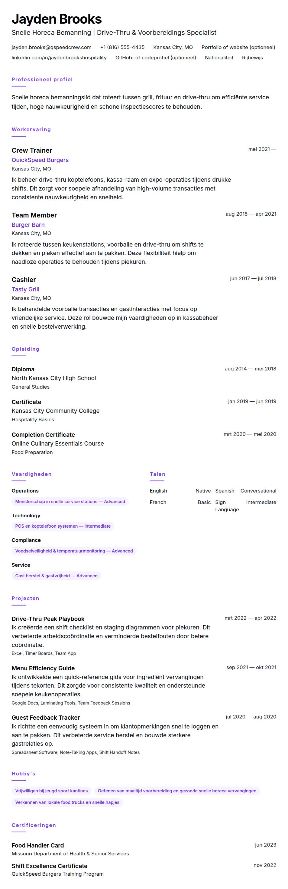 Cv-voorvertoning voor Voorbeeld CV Snelle Horeca Medewerker