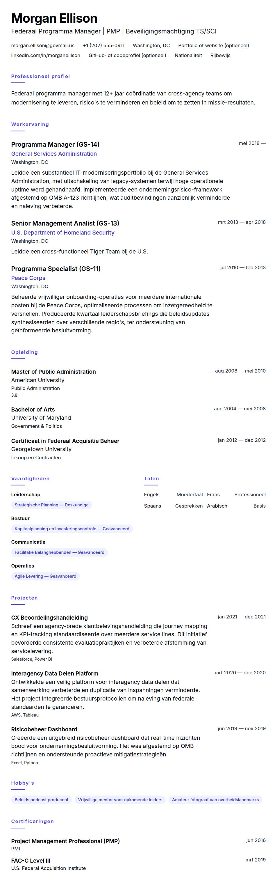 Voorbeeld Federaal Medewerker CV