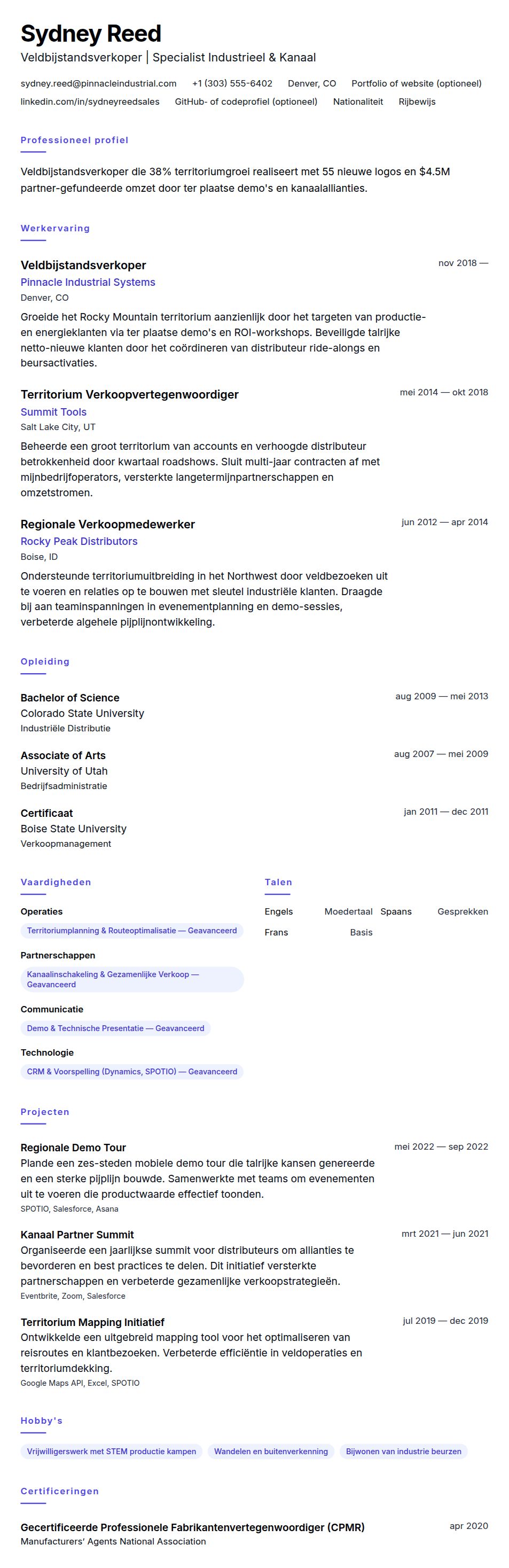Cv-voorvertoning voor Voorbeeld CV Veldbijstandsverkoper