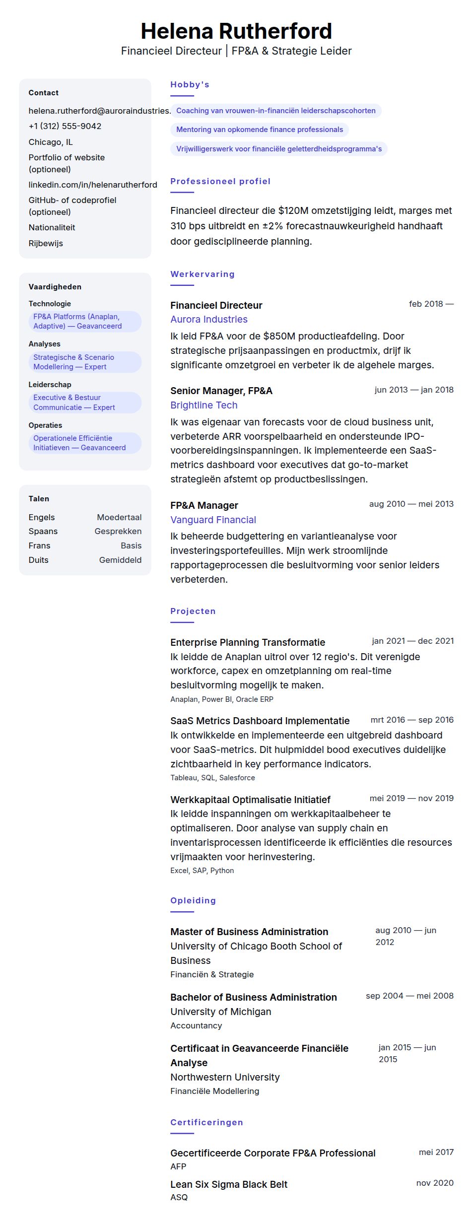 Cv-voorvertoning voor Voorbeeld CV Financieel Directeur