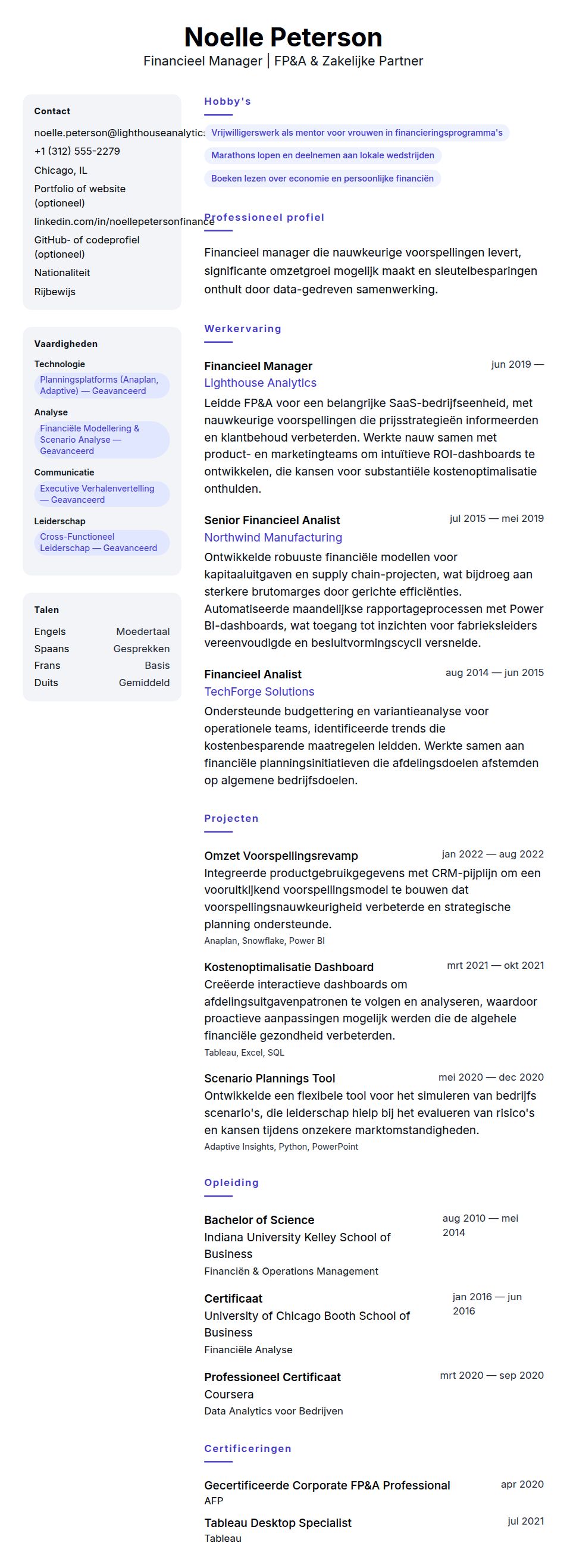 Cv-voorvertoning voor Voorbeeld CV Financieel Manager