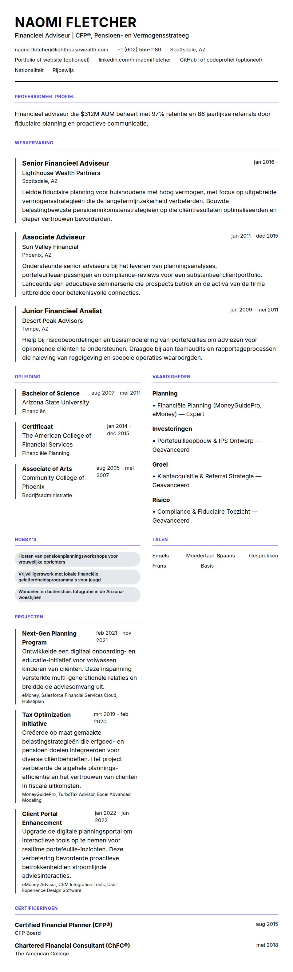 Cv-voorvertoning voor Voorbeeld CV Financieel Adviseur