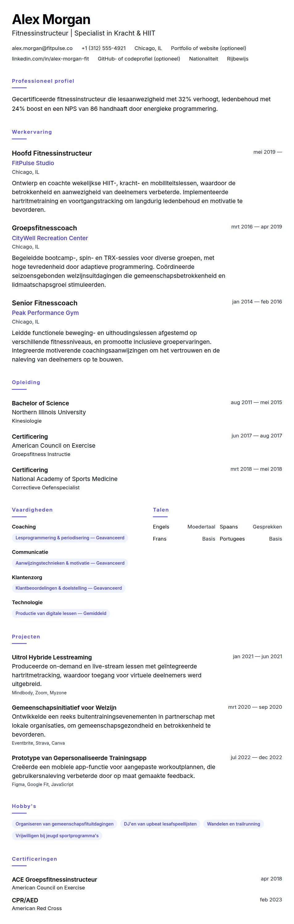 Cv-voorvertoning voor Fitnessinstructeur CV-voorbeeld