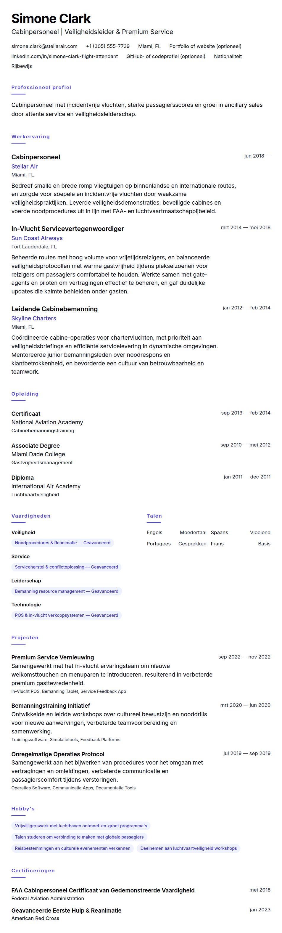 Cv-voorvertoning voor Voorbeeld CV Cabinpersoneel