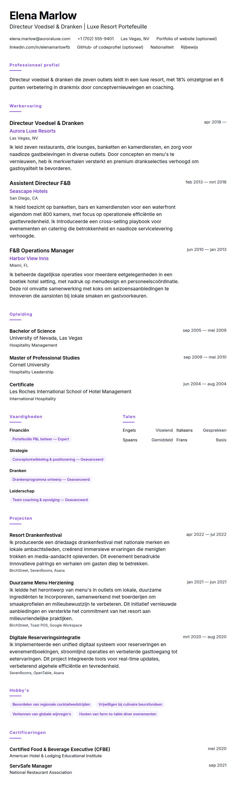 Cv-voorvertoning voor Voorbeeld CV Directeur Voedsel en Dranken