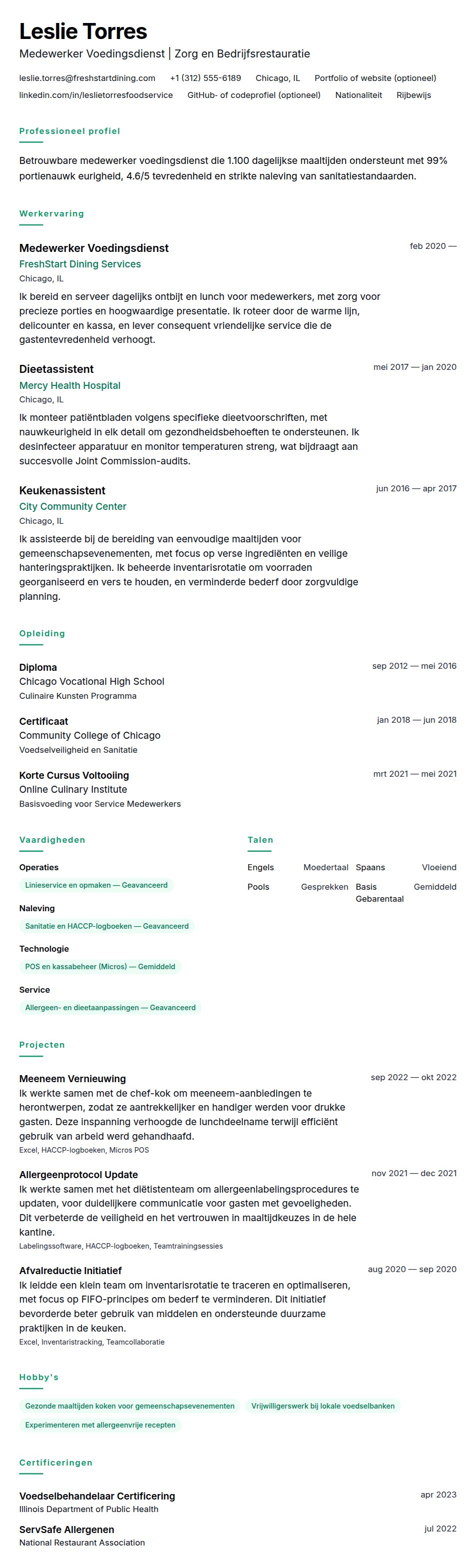Cv-voorvertoning voor Voorbeeld CV Medewerker Voedingsdienst