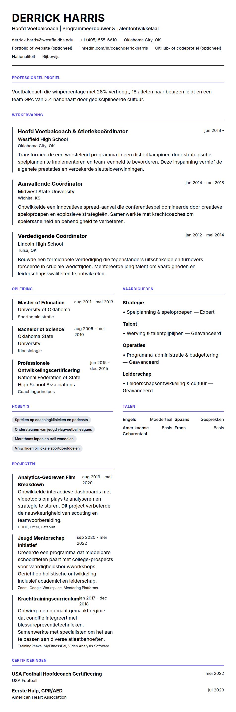 Cv-voorvertoning voor Voorbeeld CV Voetbalcoach