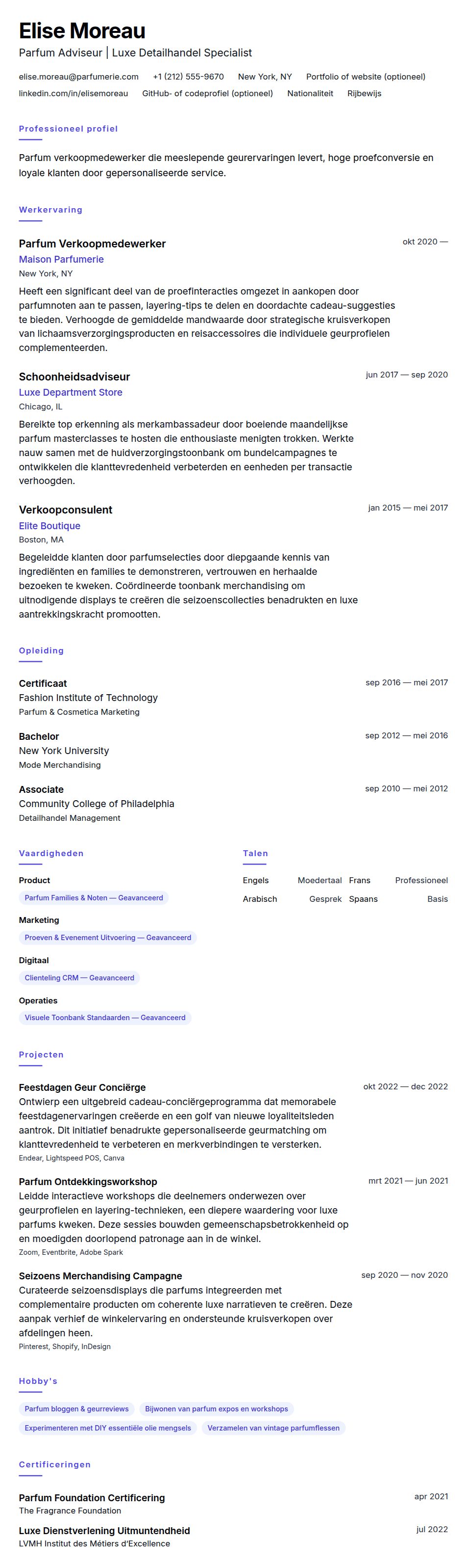 Cv-voorvertoning voor Parfum Verkoopmedewerker CV Voorbeeld