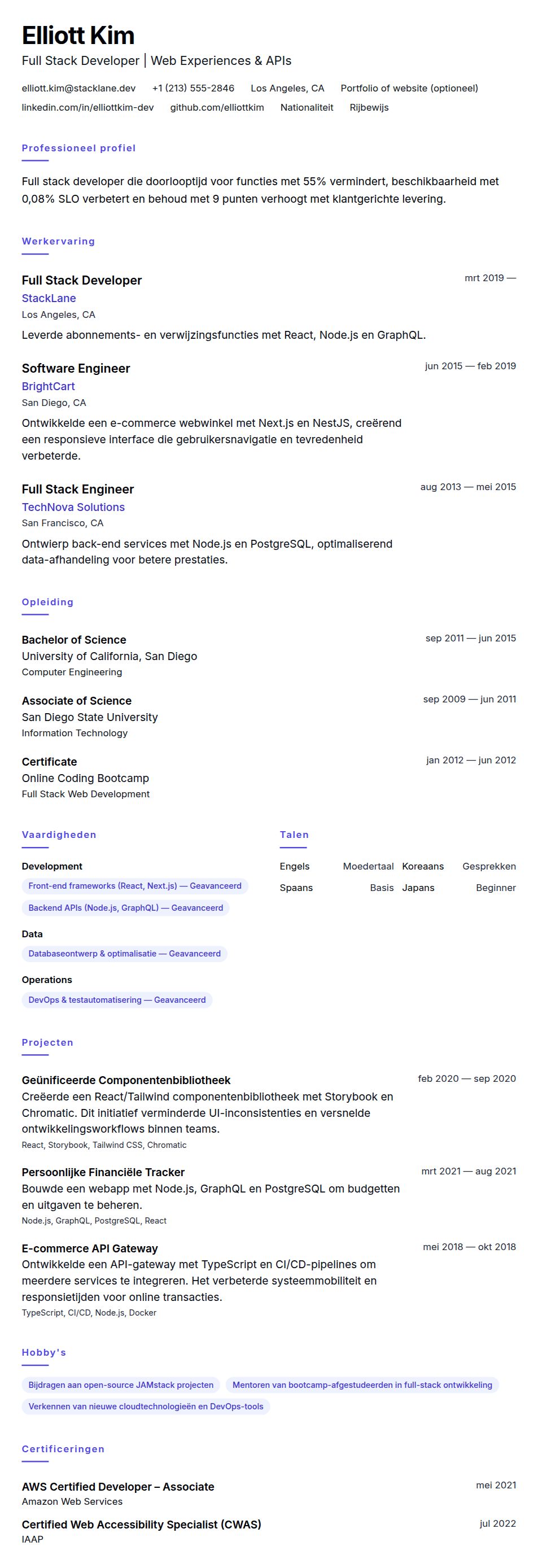 Cv-voorvertoning voor Voorbeeld cv Full Stack Developer