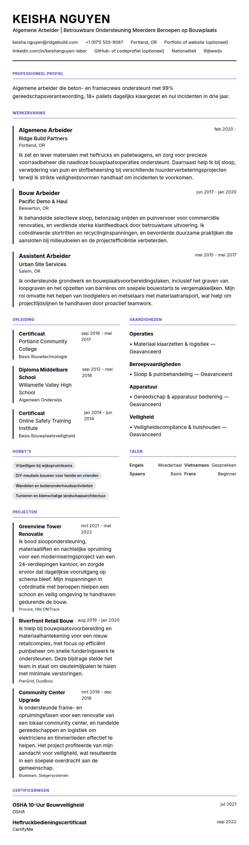 Voorbeeld CV Algemene Arbeider