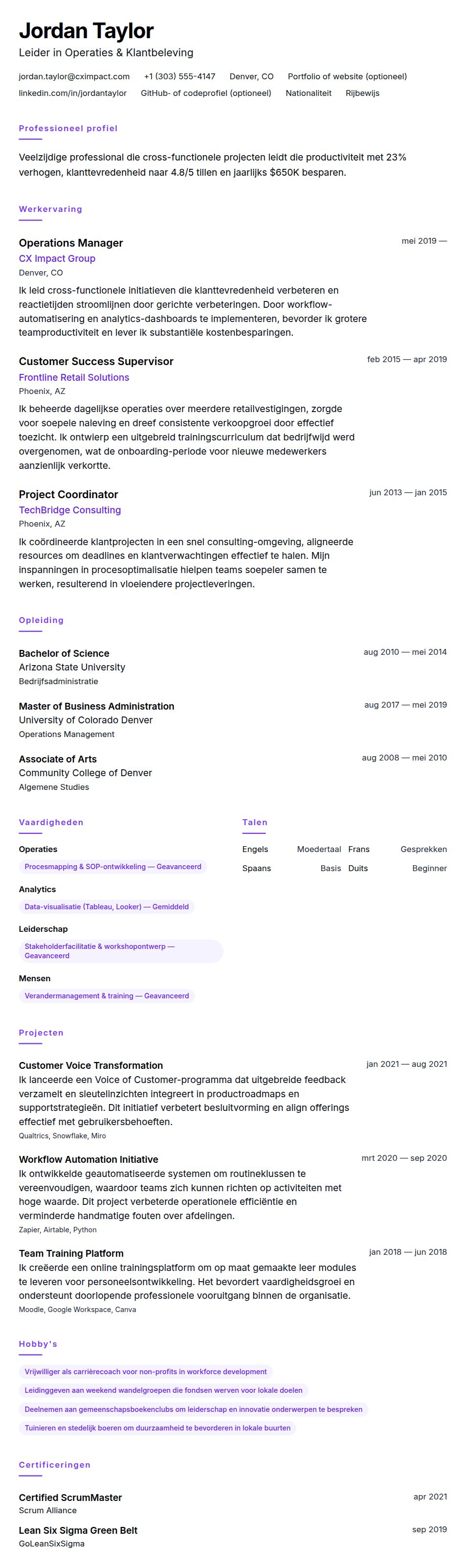 Cv-voorvertoning voor Algemeen CV Voorbeeld