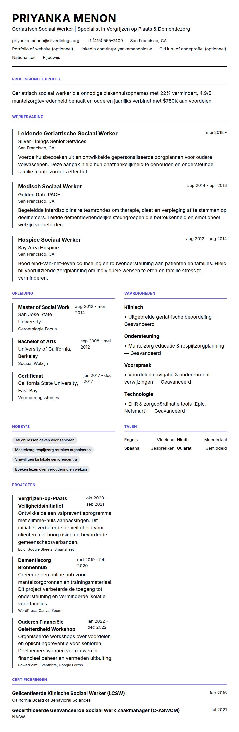 Cv-voorvertoning voor Voorbeeld CV Geriatrisch Sociaal Werker