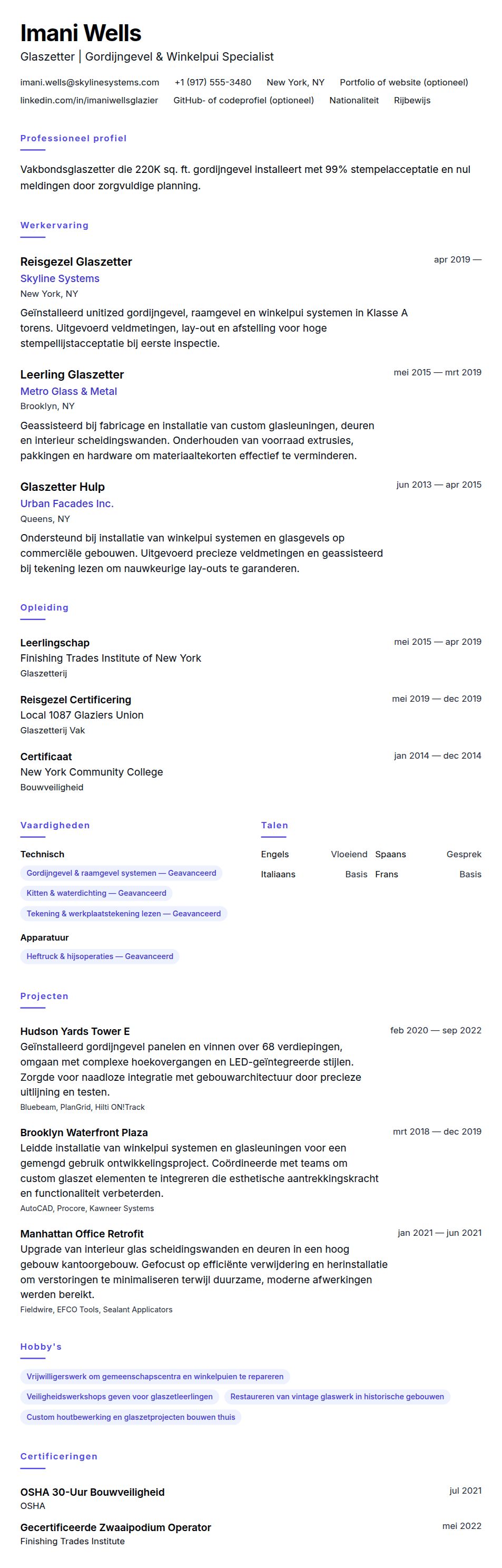 Cv-voorvertoning voor Voorbeeld CV Glaszetter
