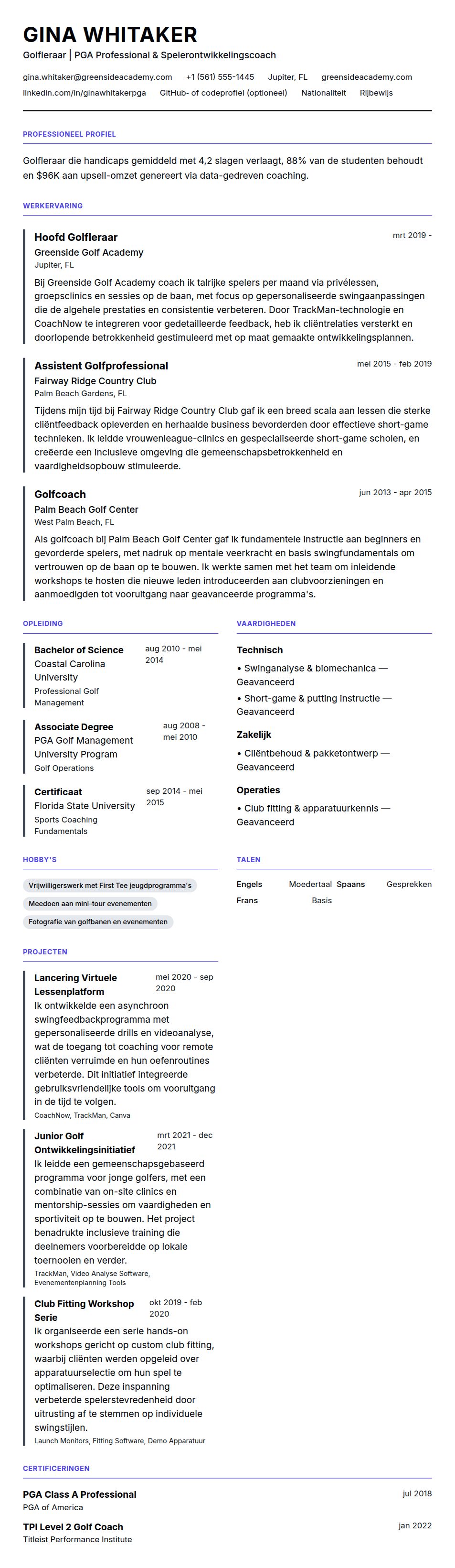 Cv-voorvertoning voor Golfleraar CV-voorbeeld