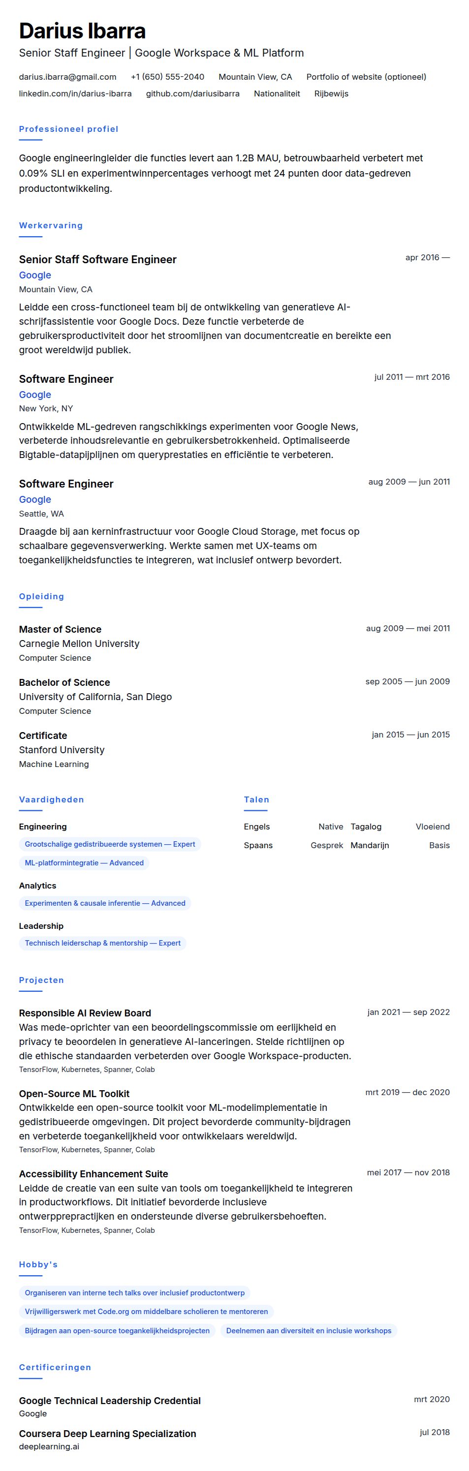 Cv-voorvertoning voor Google CV Voorbeeld