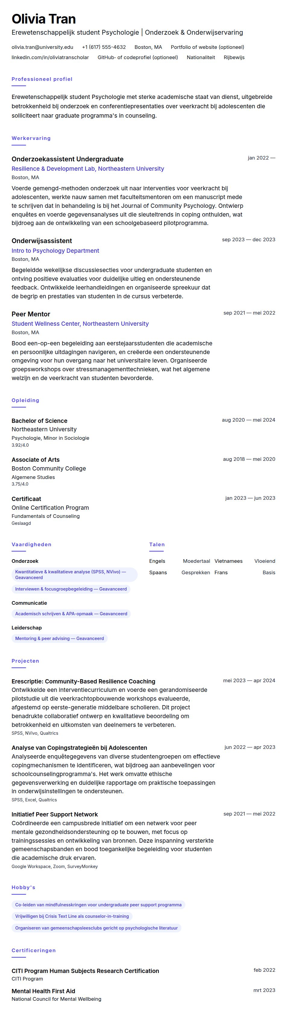 Cv-voorvertoning voor Voorbeeld CV voor Aanvrager Graduate School