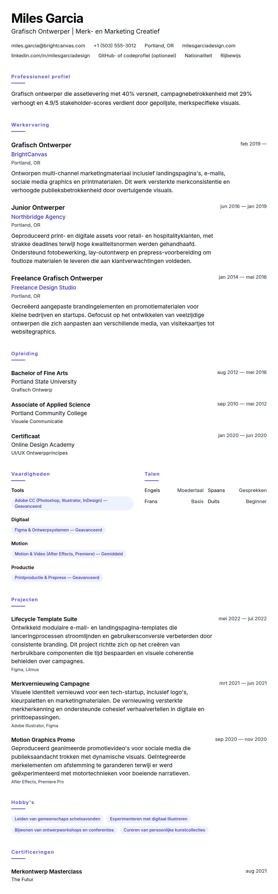 Cv-voorvertoning voor Voorbeeld CV Grafisch Ontwerper