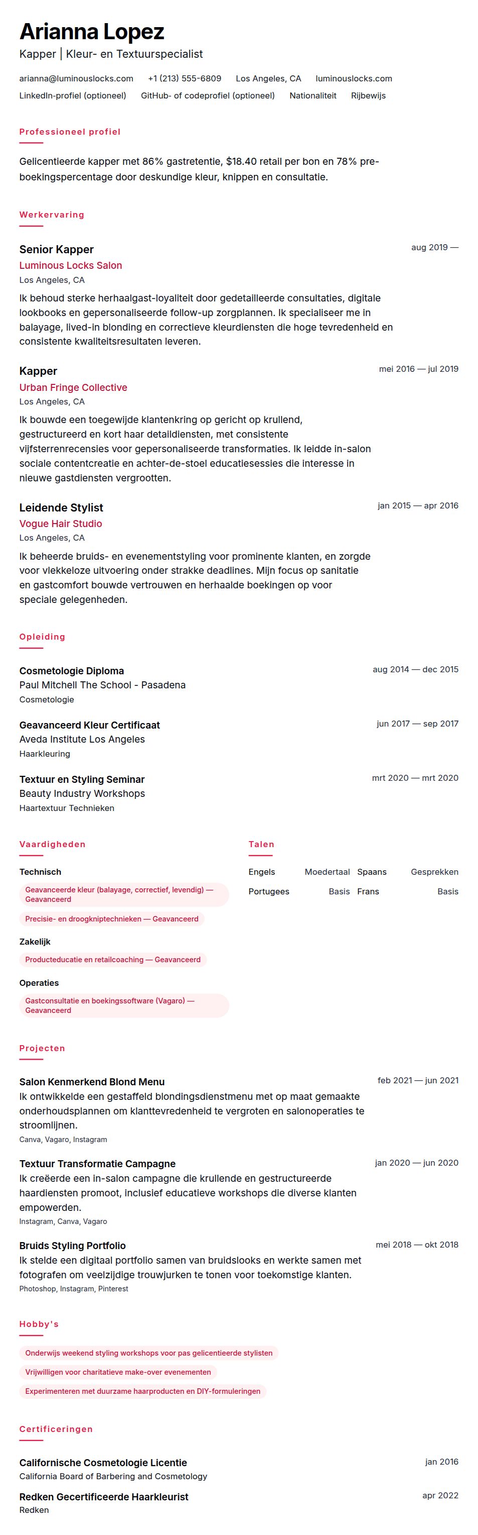 Cv-voorvertoning voor Kapper CV Voorbeeld