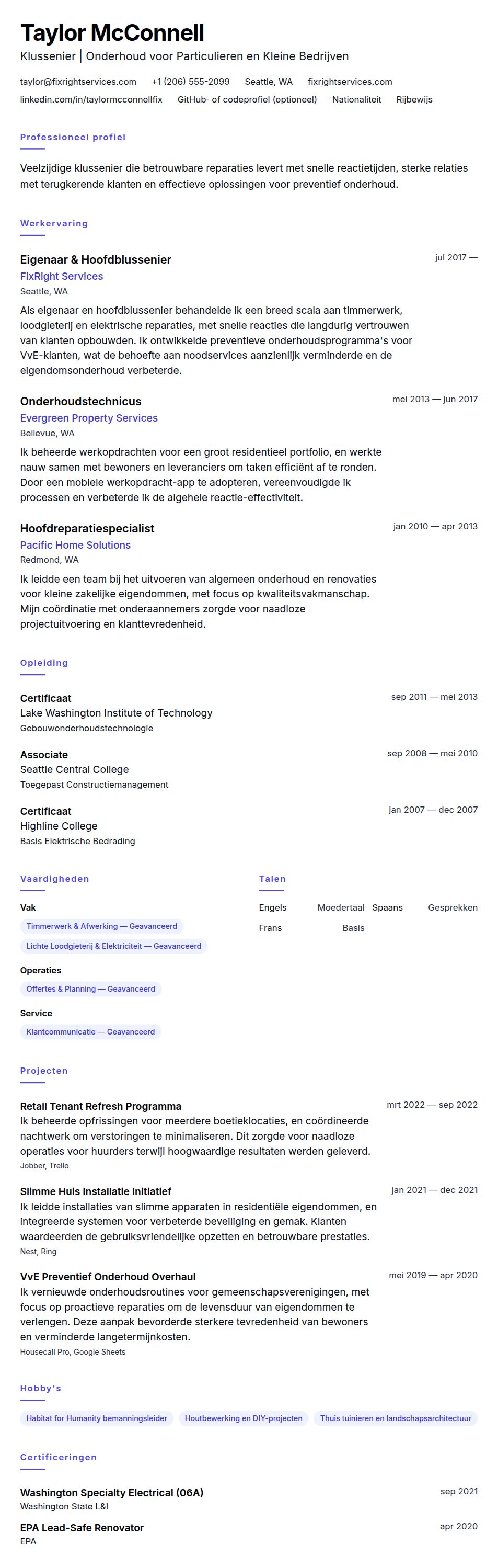 Cv-voorvertoning voor Klussenier CV-voorbeeld
