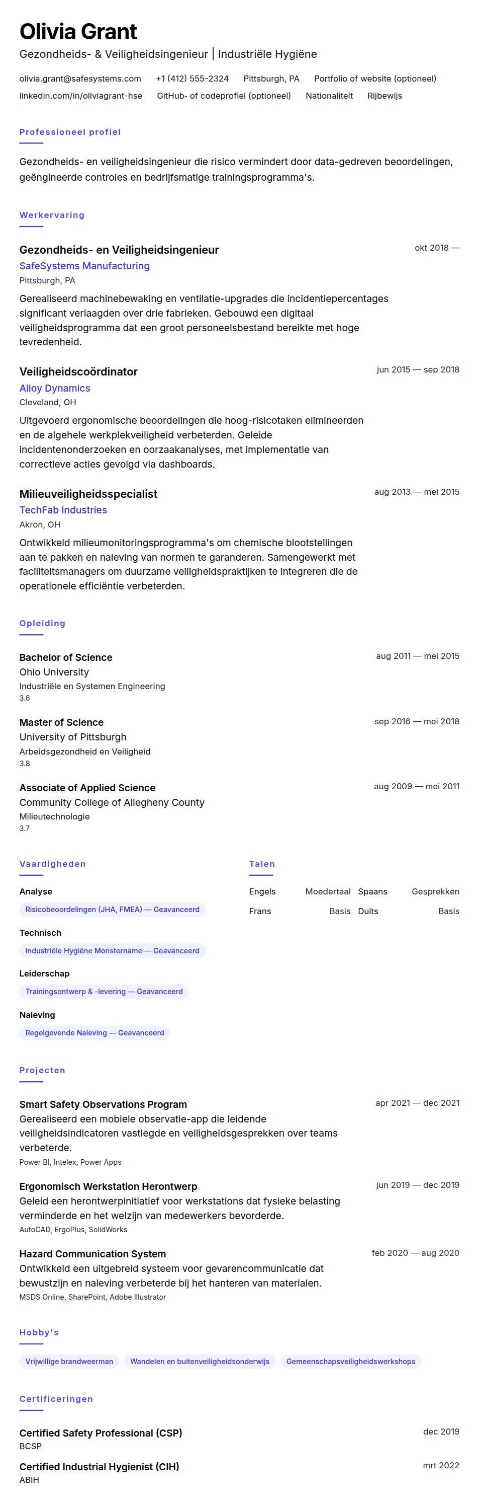 Cv-voorvertoning voor Voorbeeld CV Gezondheids- en Veiligheidsingenieur