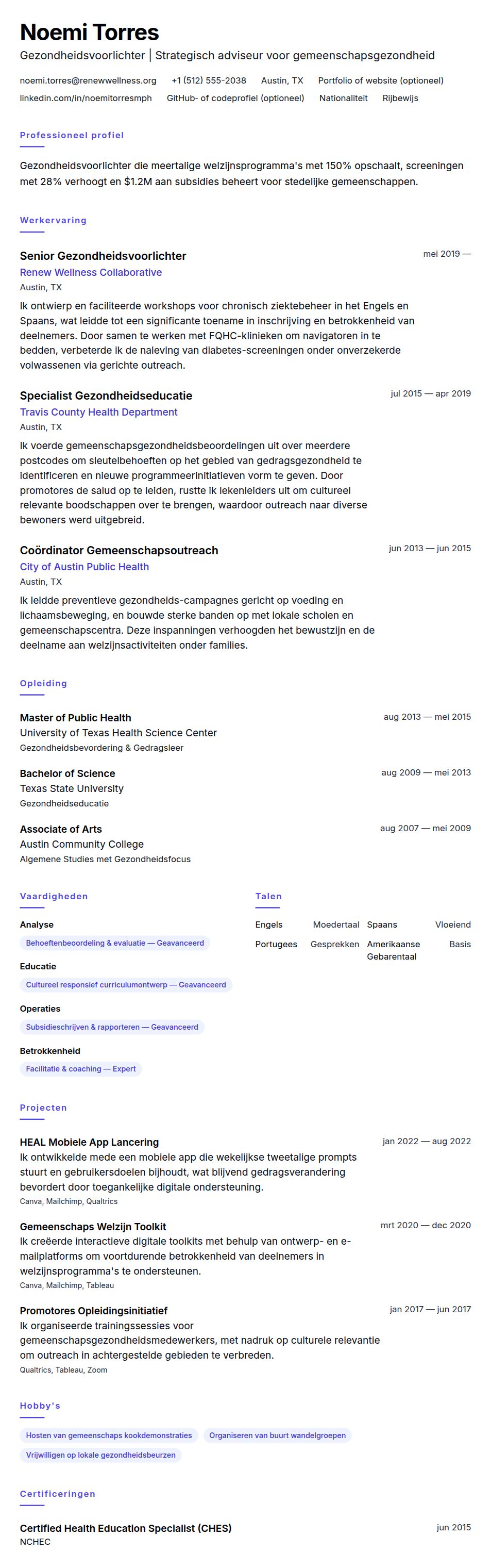 Cv-voorvertoning voor Voorbeeld cv Gezondheidsvoorlichter
