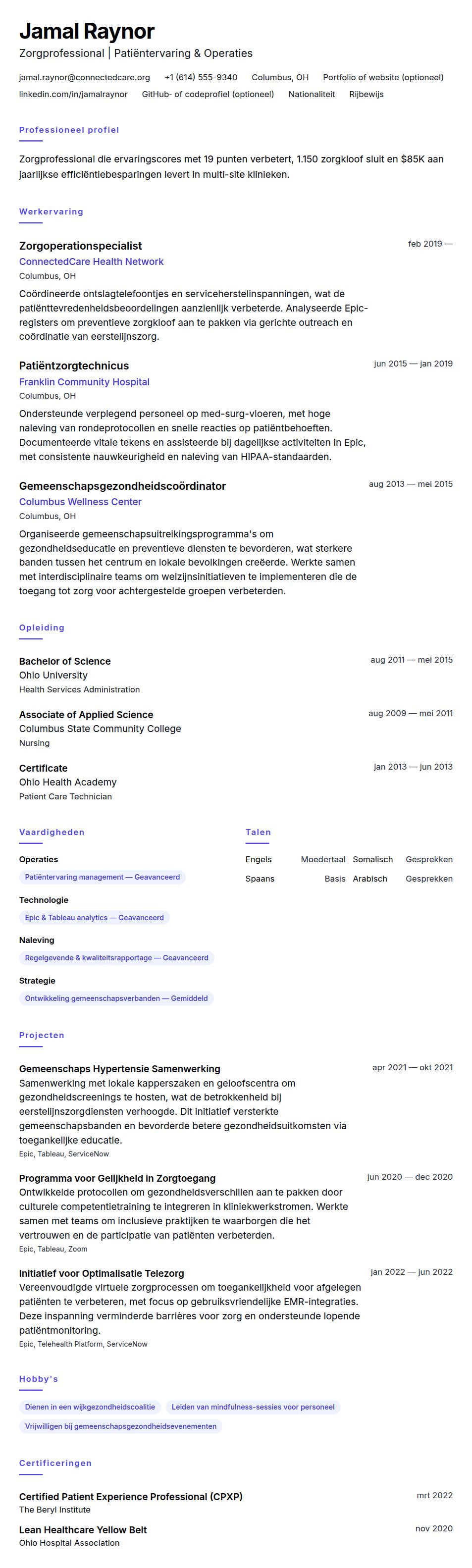 Cv-voorvertoning voor Zorgprofessional CV-voorbeeld