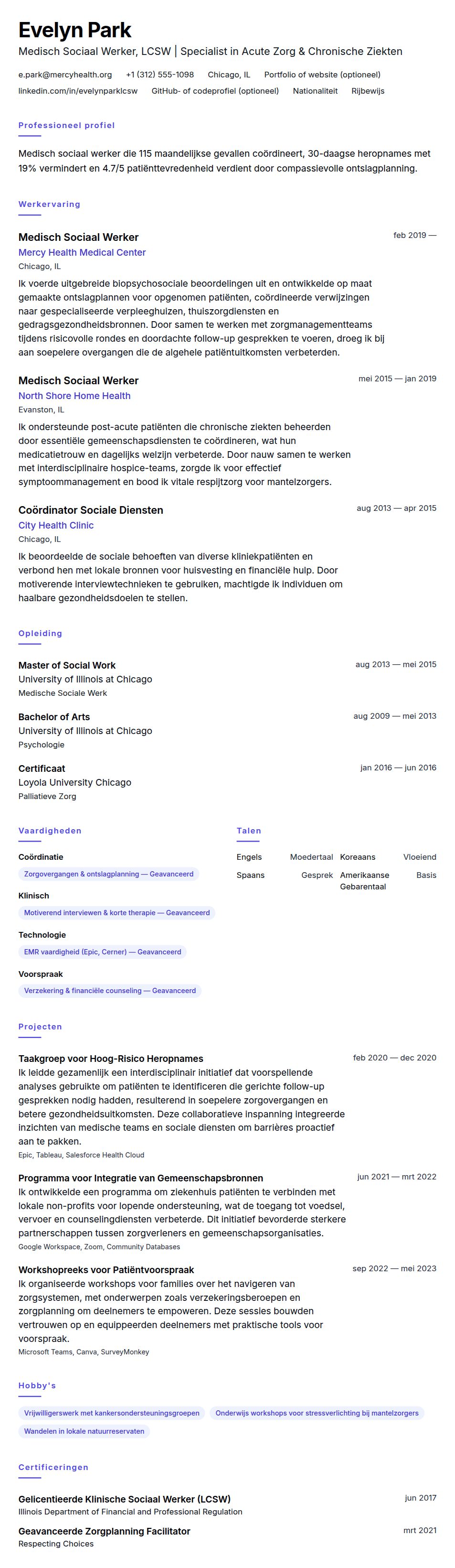 Cv-voorvertoning voor Medisch Sociaal Werker CV Voorbeeld