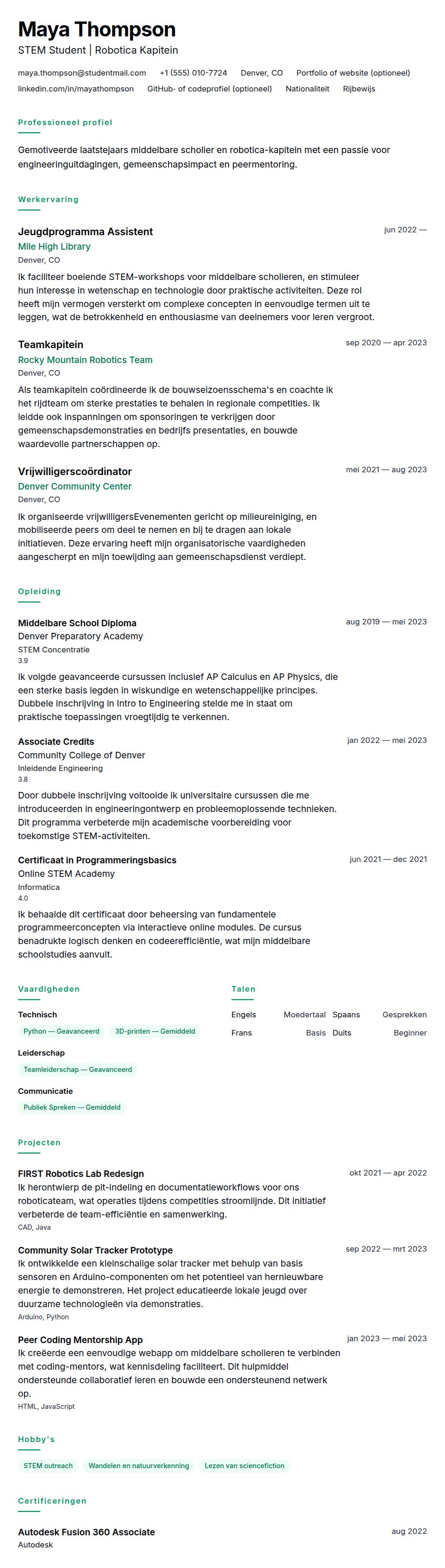 Voorbeeld CV Middelbare Scholier