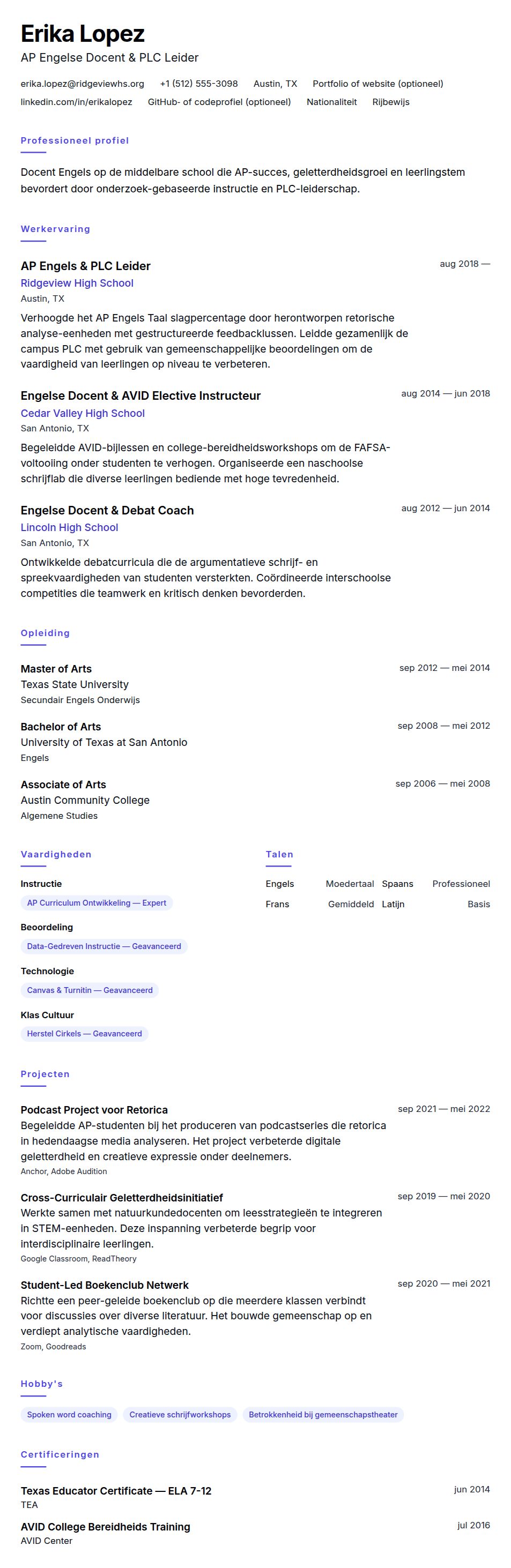 Voorbeeld CV Docent Middelbare School