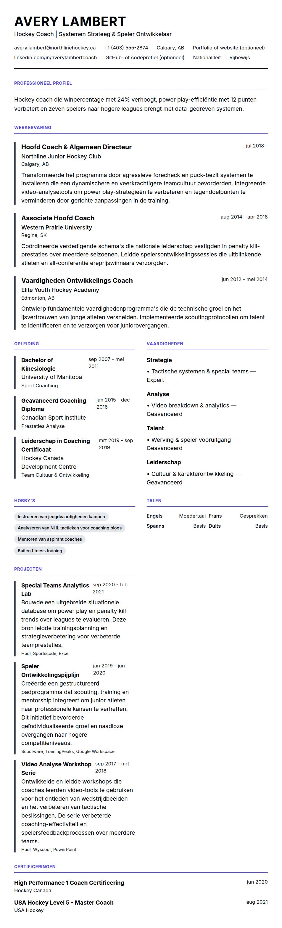 Cv-voorvertoning voor Voorbeeld Hockey Coach CV