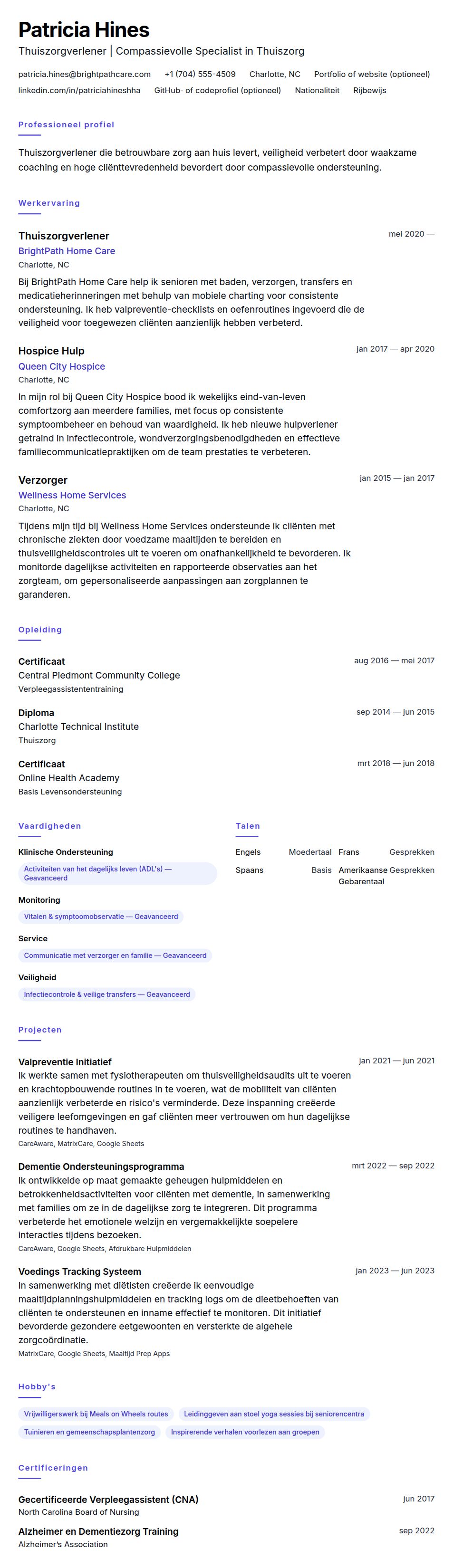 Cv-voorvertoning voor Voorbeeld cv Thuiszorgverlener