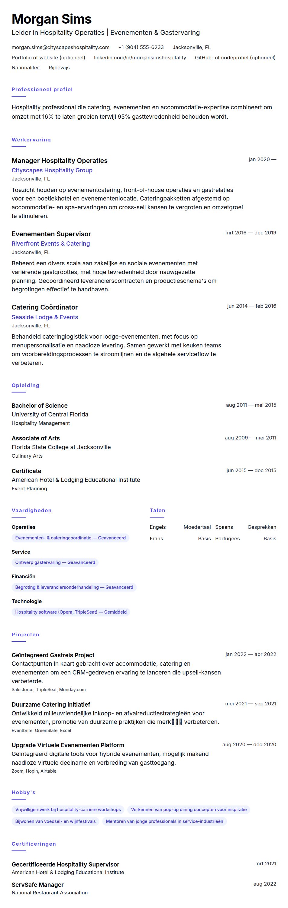Cv-voorvertoning voor Voorbeeld CV voor Professional in Hospitality en Catering