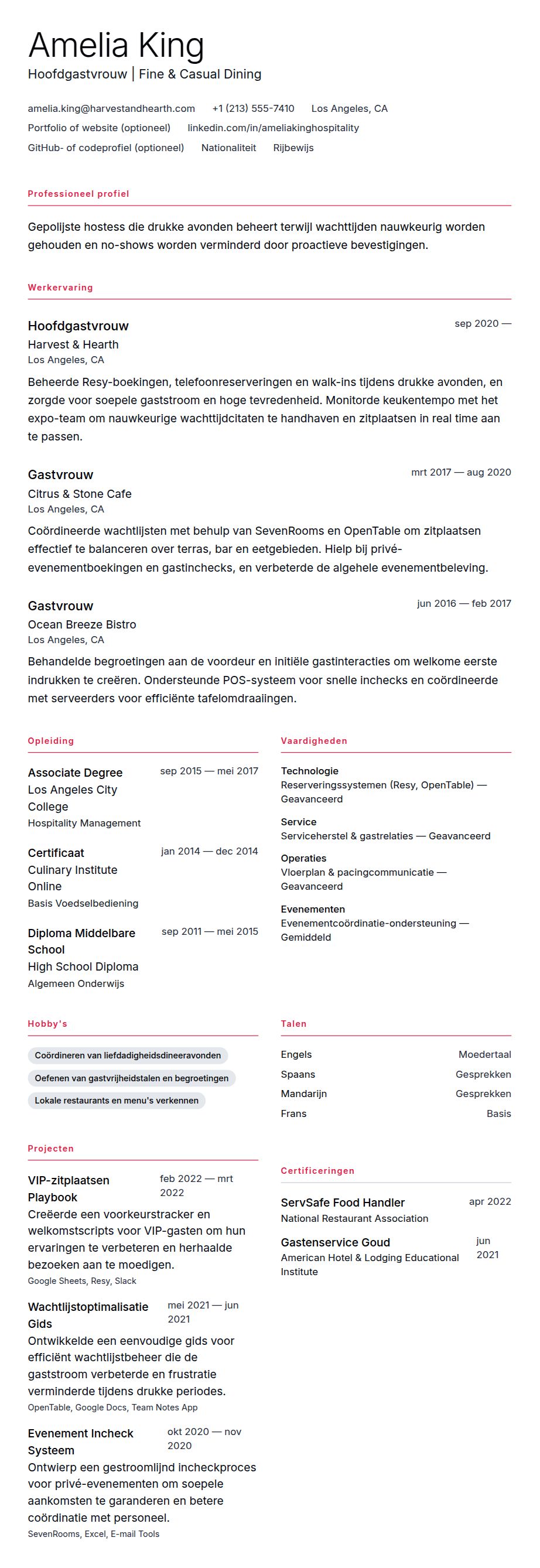 Cv-voorvertoning voor Hostess CV-voorbeeld