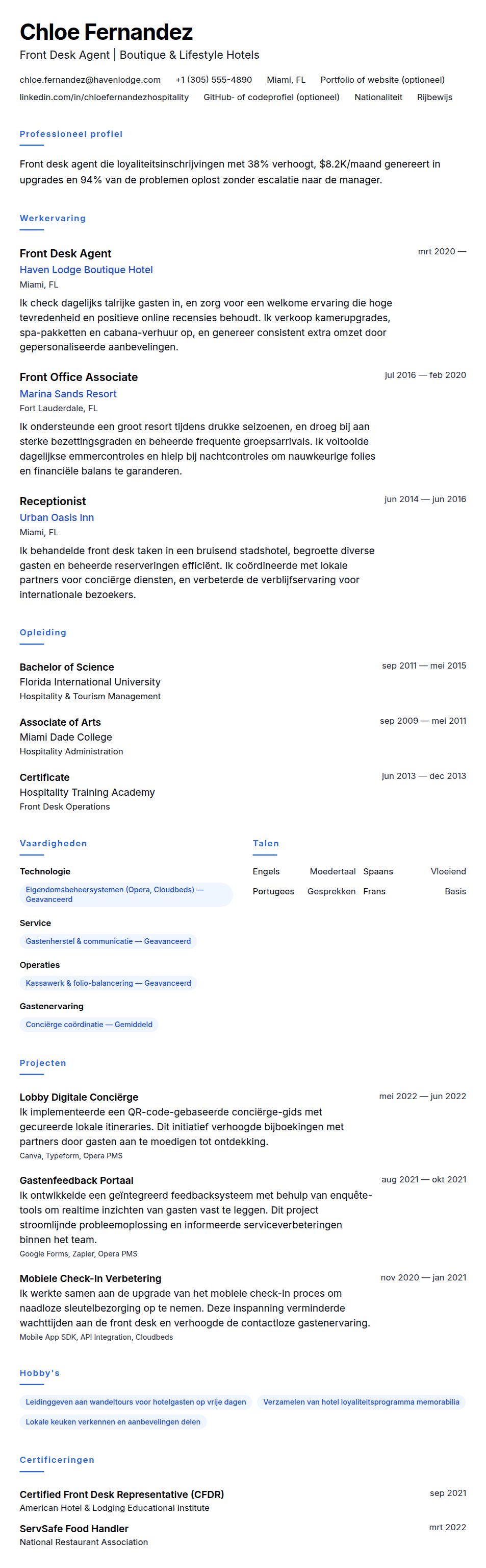 Cv-voorvertoning voor Hotel Front Desk Medewerker CV Voorbeeld