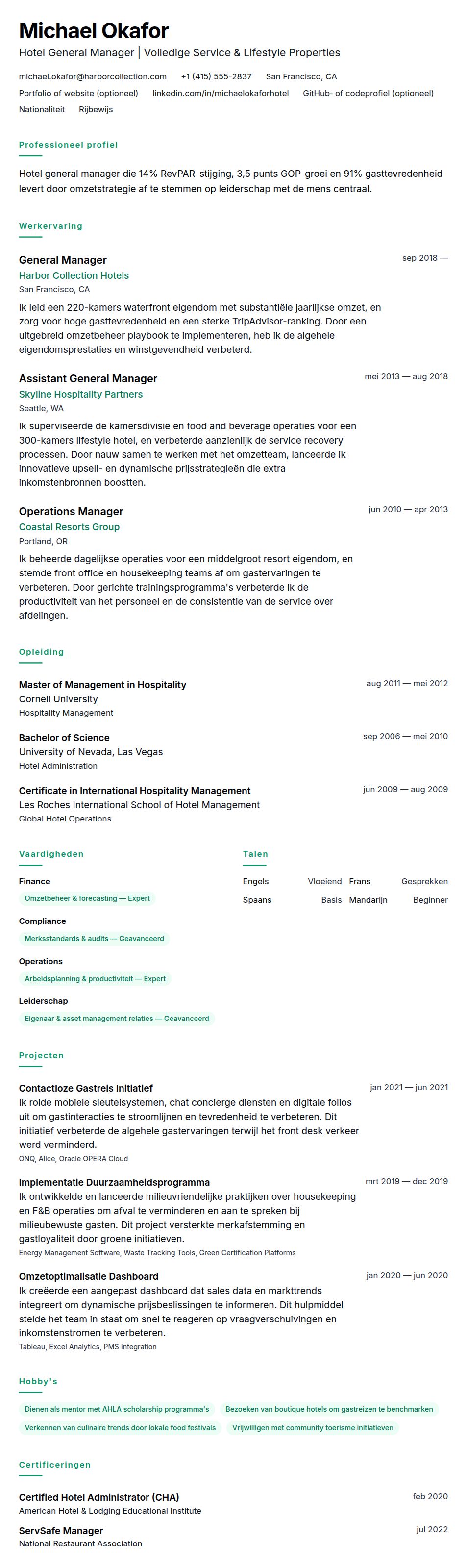 Cv-voorvertoning voor Hotel Management Resume Voorbeeld
