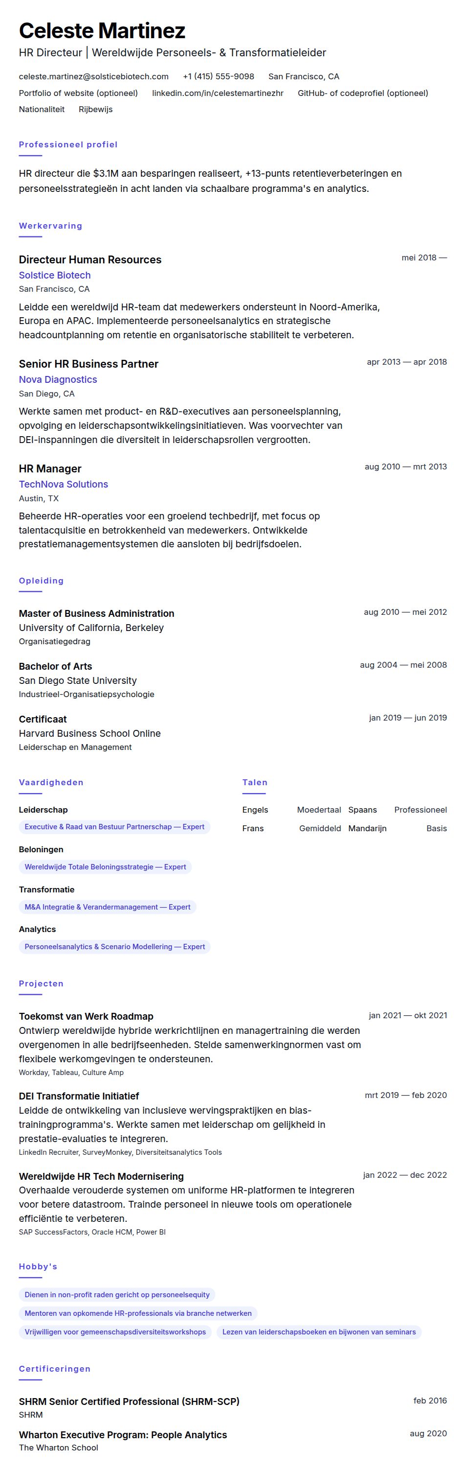 Cv-voorvertoning voor HR Directeur CV Voorbeeld