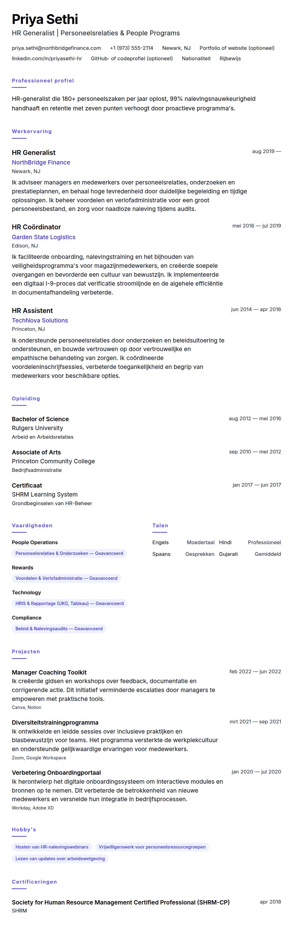 Cv-voorvertoning voor HR Generalist Voorbeeldcv