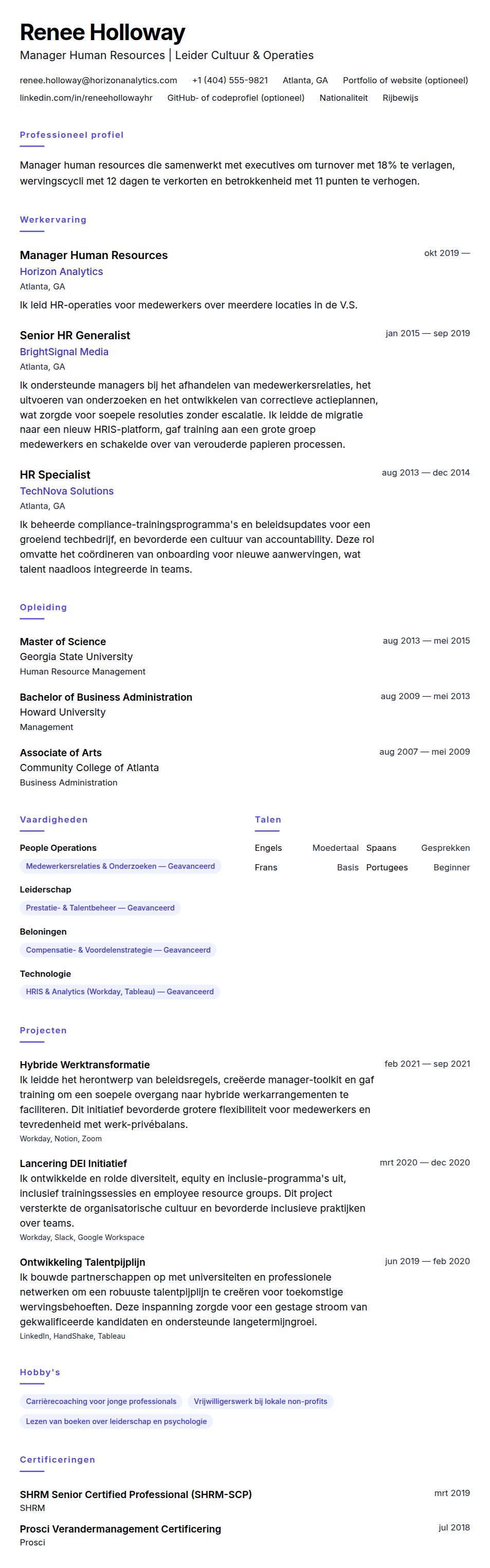 Voorbeeld cv Manager Human Resources