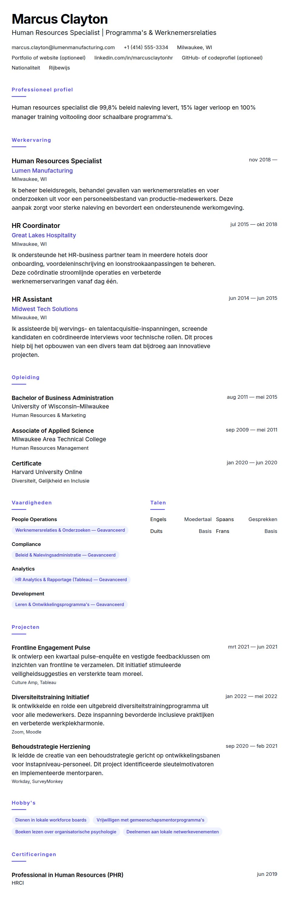 Voorbeeld cv Human Resources Specialist