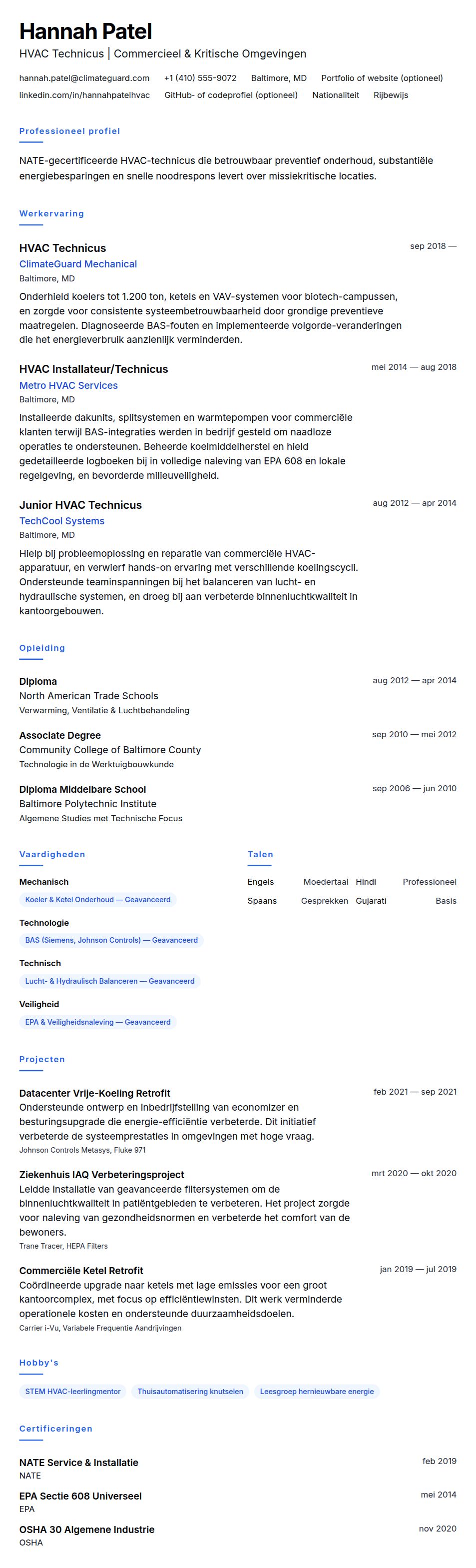 Voorbeeld CV HVAC Technicus