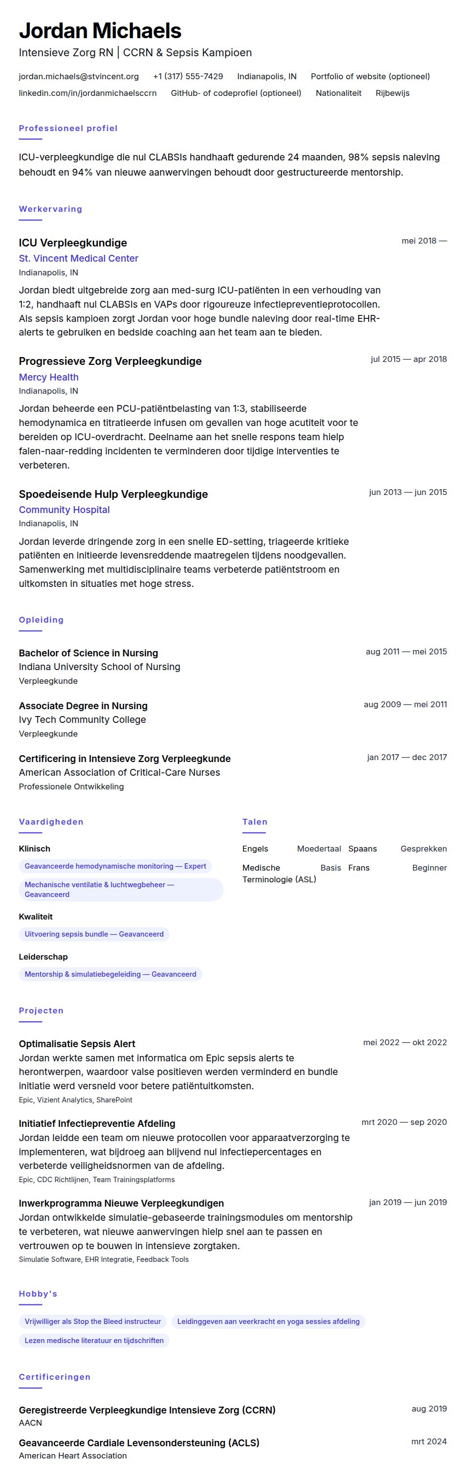 Cv-voorvertoning voor Voorbeeld CV ICU-verpleegkundige