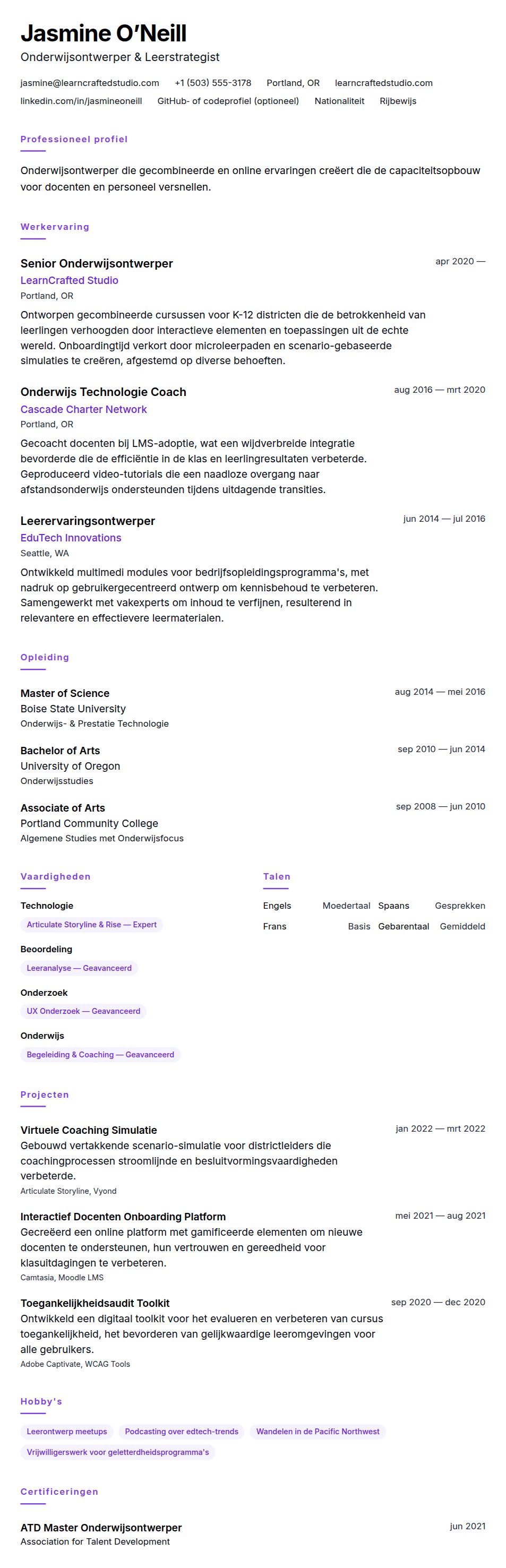 Cv-voorvertoning voor Onderwijsontwerper CV-voorbeeld