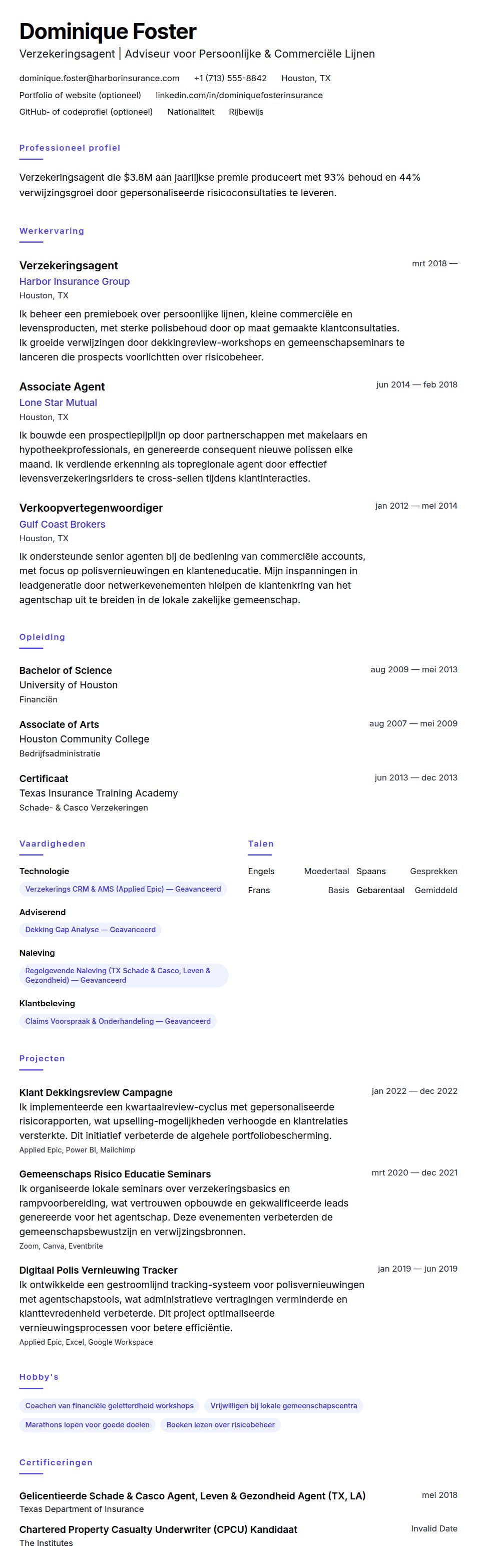 Cv-voorvertoning voor Verzekeringsagent CV Voorbeeld