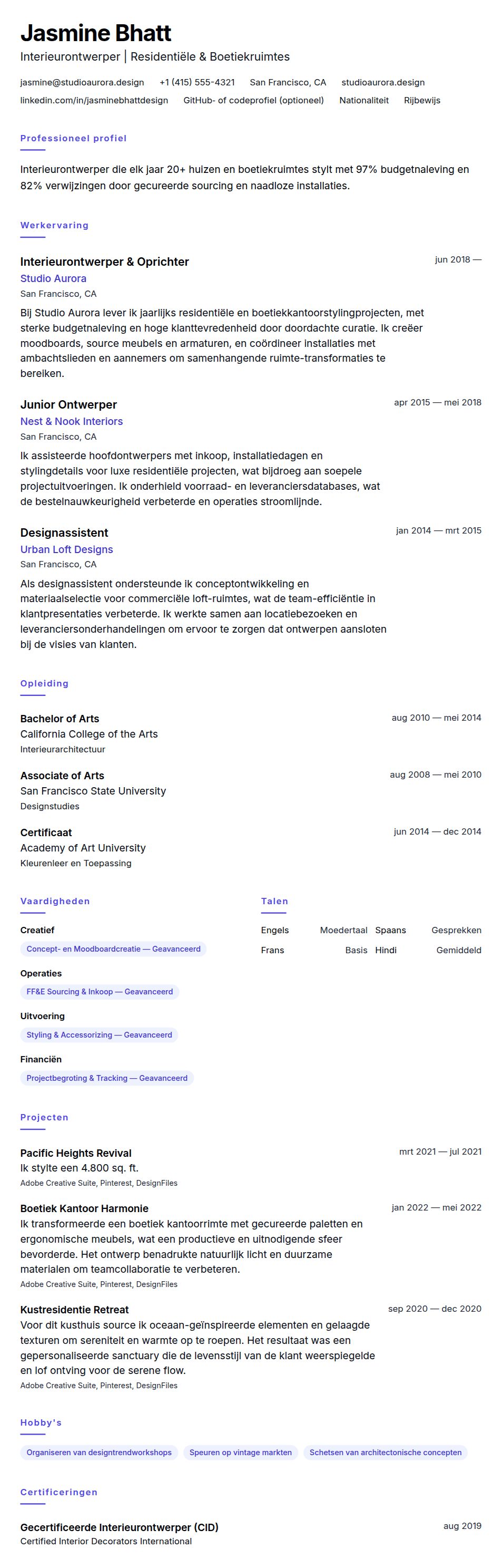 Cv-voorvertoning voor Interieurontwerper CV Voorbeeld