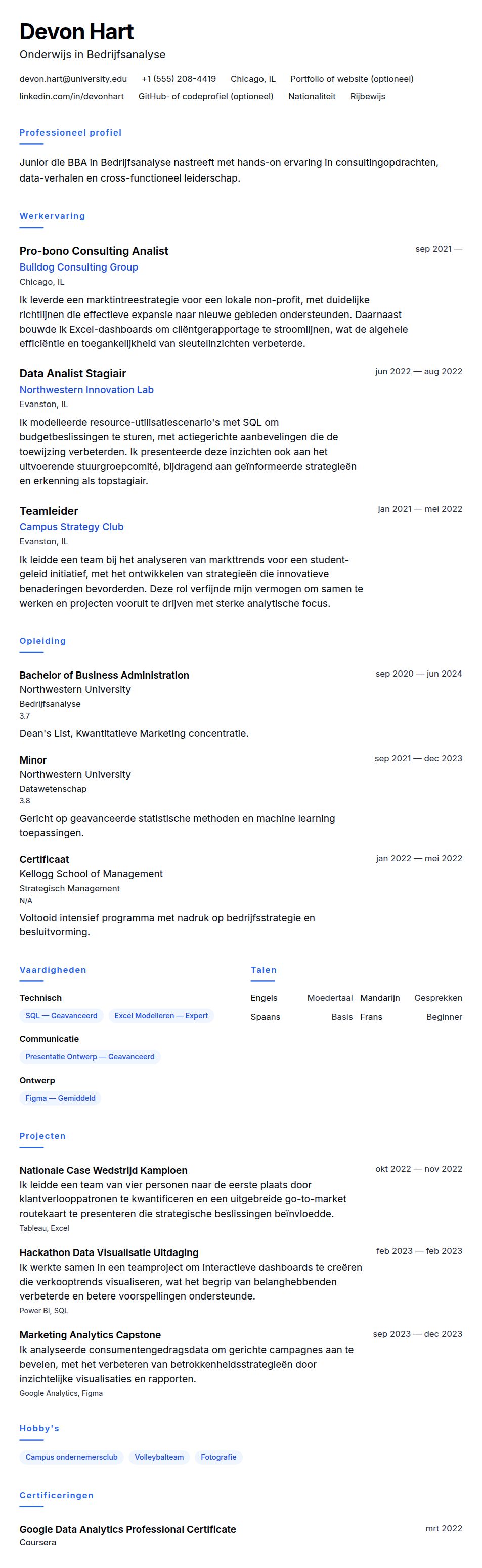 Cv-voorvertoning voor Voorbeeld Stage CV
