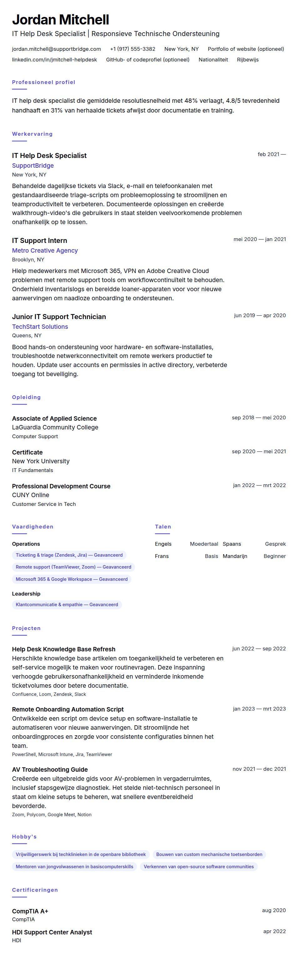 Cv-voorvertoning voor IT Help Desk CV-voorbeeld